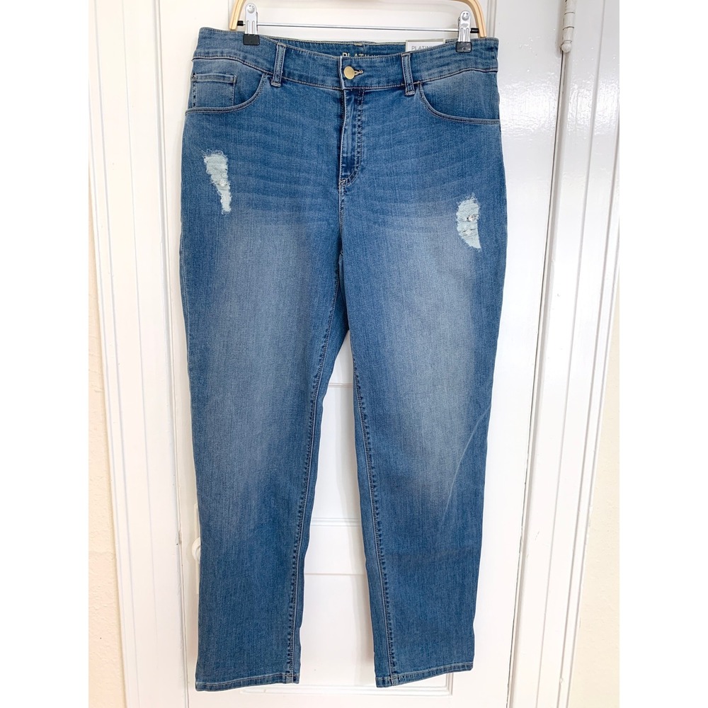 Chicos Platinum Destructed Gem Boyfriend Jean 2 NWT Plantation Blue 30.5 inseam